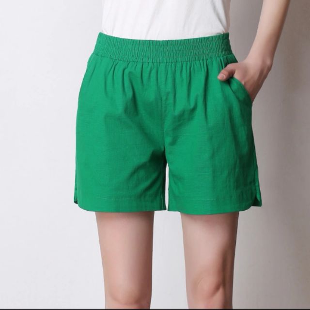 กางเกงขาสั้นแฟชั่นสีเขียวผ้าลินิน